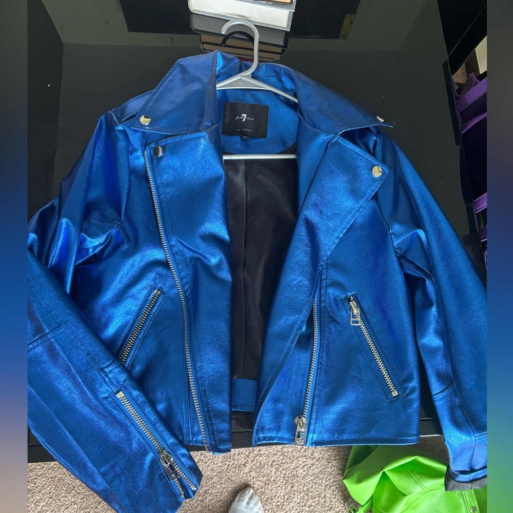 Blue Metallic Leather Moto Jacket
